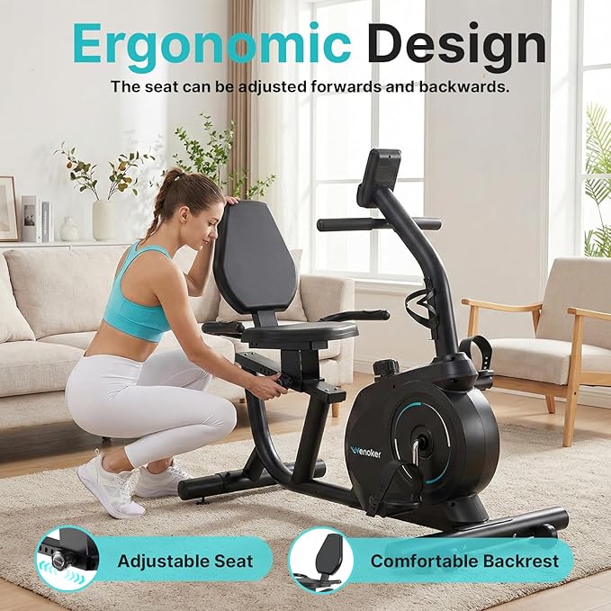 Recumbent Exercise Bike for Home, Quiet & Low-Impact Stationary Bike for Seniors & Adults, 16-Level Resistance, Adjustable Seat & LCD Monitor