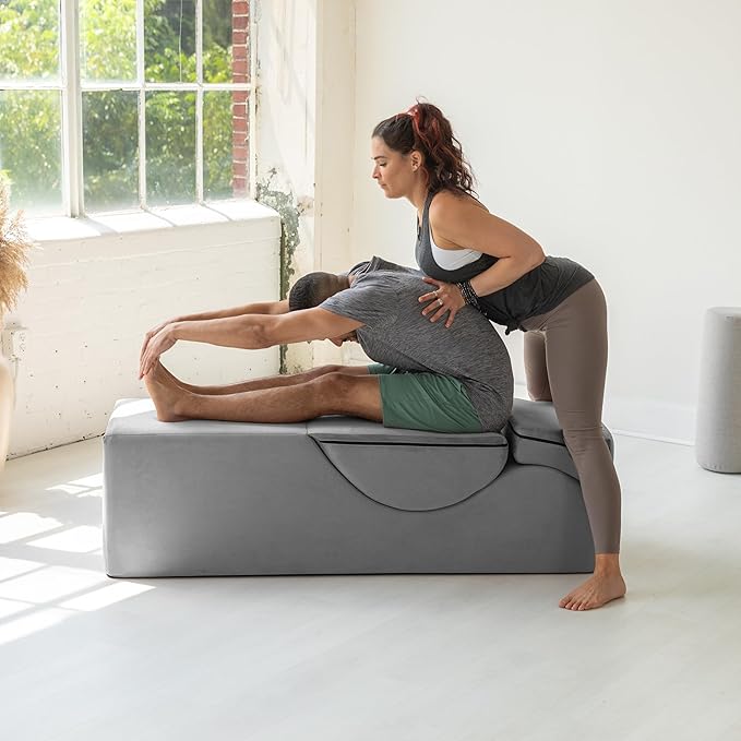 Avana Kami Convertible Chaise/Bed Bench for Yoga & Massage - 2-in-1 End of Bed Ottoman with Concealed Fold Out Yoga Lounge Chair, Microvelvet Grey