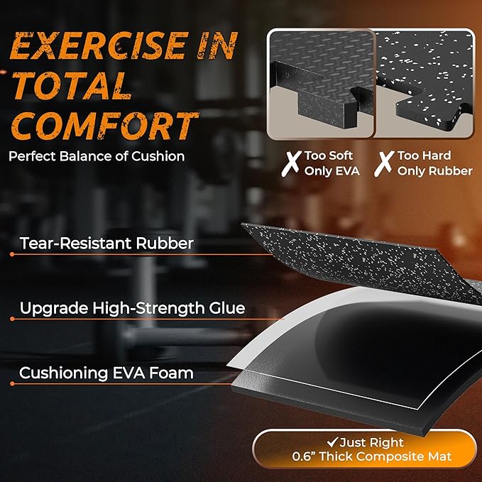 PRAISUN 0.6" Thicker Rubber Top Gym Flooring for Home Gym, 36 Pcs 144 Sq Ft Workout Mats, Exercise Mat, Interlocking Rubber Floor Mats with High Density EVA Foam for Garage, 24 x 24in, Black/Grey
