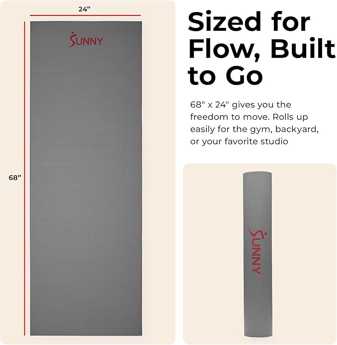 Sunny Health & Fitness Non-Slip Yoga Mat – Durable, Anti-Tear, Lightweight, Cushioned Support for Yoga, Pilates, Stretching Exercises, Meditation and Floor Workouts | Multiple Sizes & Colors