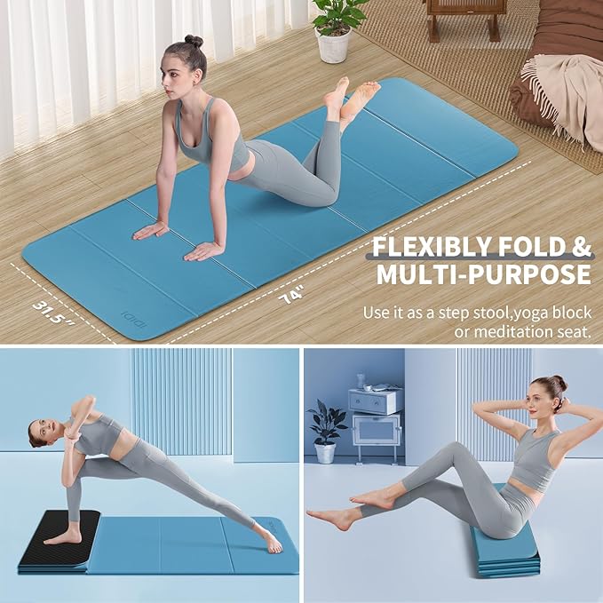 Foldable Yoga Mat Extra Thick & Large (74" x 31.5" x 0.32"), Double-Sided Non Slip & Lightweight Fitness Mat, 8mm Thick Wide Exercise Mats for Woman Man Kids, Portable Workout Mats for Travel, Studio or Home Use