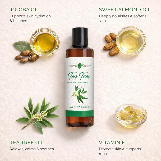 Tea Tree Massage Oil, Body Oil for Massage Therapy - Made with Jojoba, Vitamin E and Pure Essential Oil, Body & Mind Relaxation