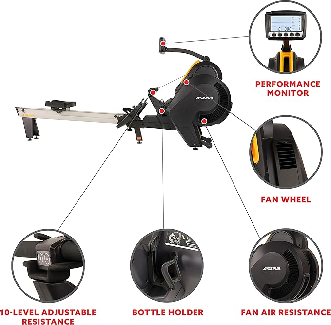 Sunny Health & Fitness AeroForce Fan Rower, Commercial Grade Rowing Machine with Performance Monitor, Long Foldable Rail for Home Cardio Training, Optional Dual Resistance