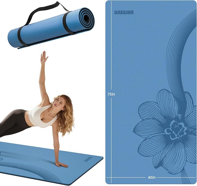 Large Yoga Mat 76"x 40"x10mm (2/5 inch) – Extra Thick & Wide, TPE Fitness Mat, Printed Non-Slip Exercise Mat with Carrying Strap for Men & Women, Pilates, Stretching, Fitness & Workout