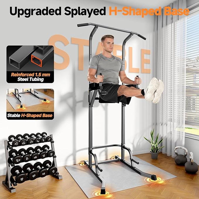 Power Tower Pull Up Station for Home Gym, Dip Station with Splayed H-Shaped Base, 440LBS Capacity, Adjustable Height Workout Station for Pull-ups, Dips & Leg Raises