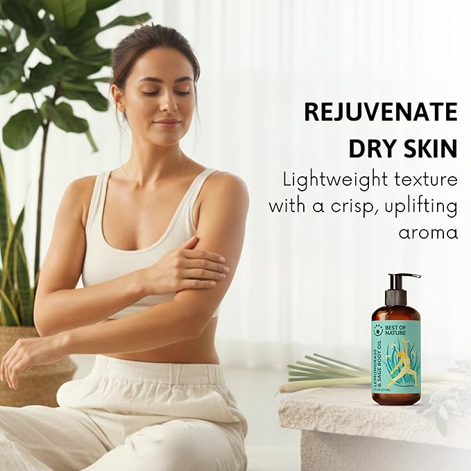 Best of Nature Lemongrass and Sage Massage Oil Blend - Non-Greasy Aromatherapy Massage Oil for Body, Skin & Face, Crafted with Pure Essential Oils (8 fl oz)