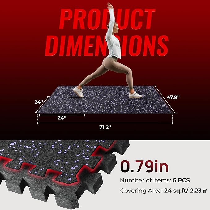 SUPERJARE 0.79'' Extra-Thick Exercise Equipment Mats, 6 Pcs 24 Sq Ft Rubber Top Floor Tiles with High Density EVA Foam, Interlocking Gym Flooring for Home Gym, Protective Workout Mat, Black/Purple