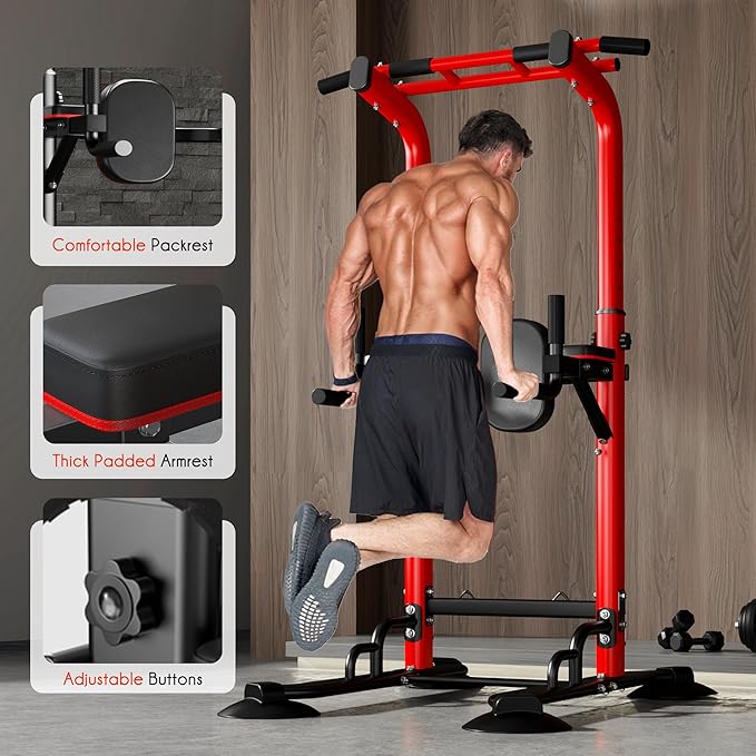 DlandHome Pull Up Bar Power Tower Dip Station, Height Adjustable Heavy Duty Workout Dip Stand, Multi-Functional Strength Training Machine for Men Women Home Gym
