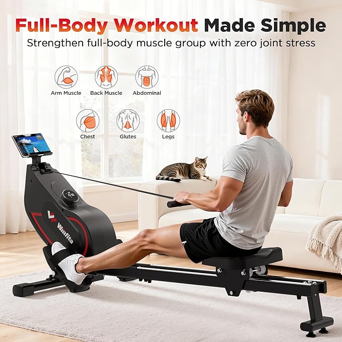 Rowing Machines for Home,Quiet Resistance Magnetic Rower Machine with 32 Levels,350lb Weight Capacity,Compact Dual Slide Rail,LED Monitor & Comfortable Seat,App Supported&Tablet Holder