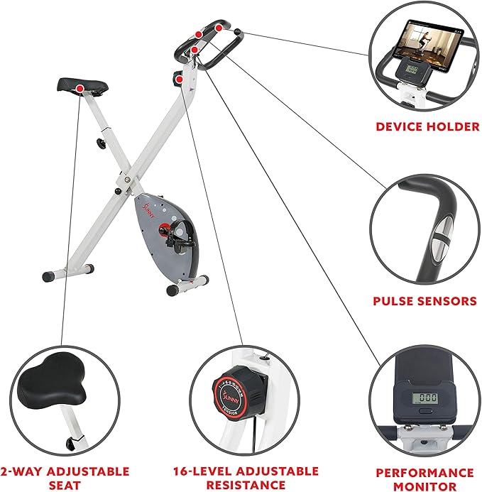 Sunny Health & Fitness Exercise Bike w/Pulse Sensors & Adjustable Cushion Seat, Home Cardio Training Machine for Adults/Seniors' Indoor Cycling Workout, Optional Compact Foldable or Electro-Magnetic