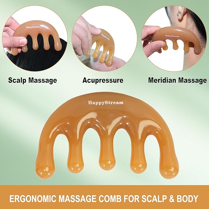 Scalp Massage Tool Head Massager. Resin Massage Comb Gua Sha Fascial Tools for Scalp Care Hair Growth Stress Relax Headaches Meridian Acupoint Treatment Trigger Point Therapy. (Amber)