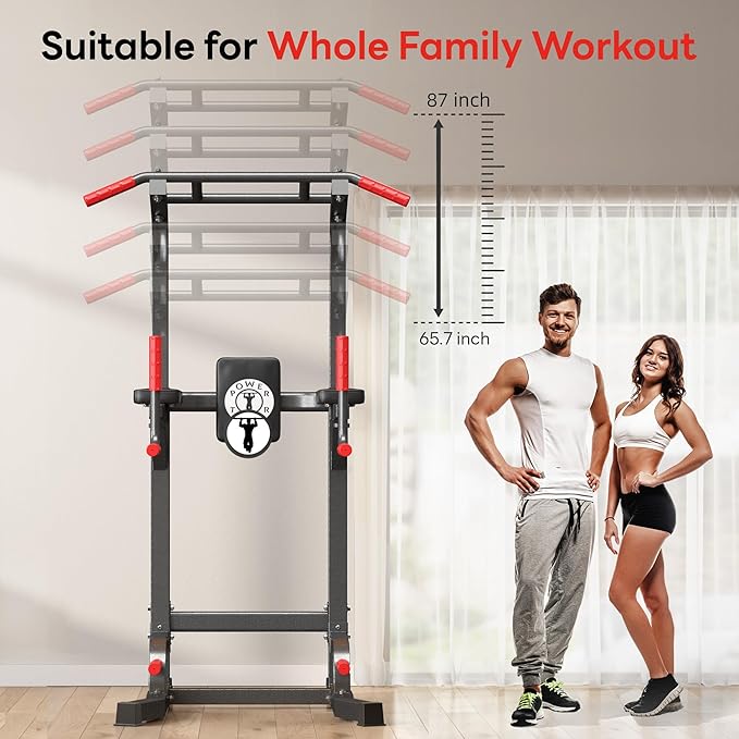 Pull Up Bar Station, 10-Level Height Adjustable Wall Mounted Home Gym, 330 lbs Capacity with Dip Bars & Push Up Handles, for Chin Up, Dips, Leg Raise (Black/Red/Yellow)