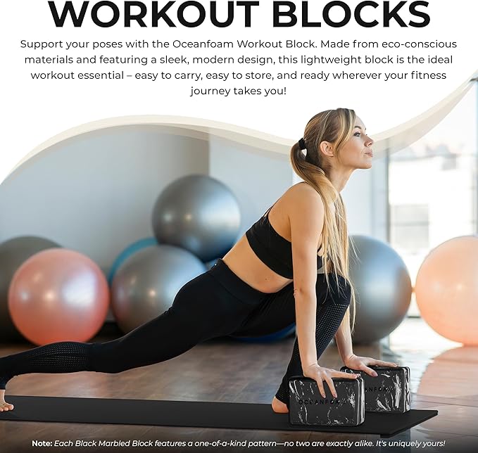 Oceanfoam Workout Block - High-Density Foam Exercise Block, Lightweight, Non-Slip for Stability & Support in Pilates, Yoga, Stretching & More - Algae-based EVA Foam, 9"x6"x4" (Black Marbled)
