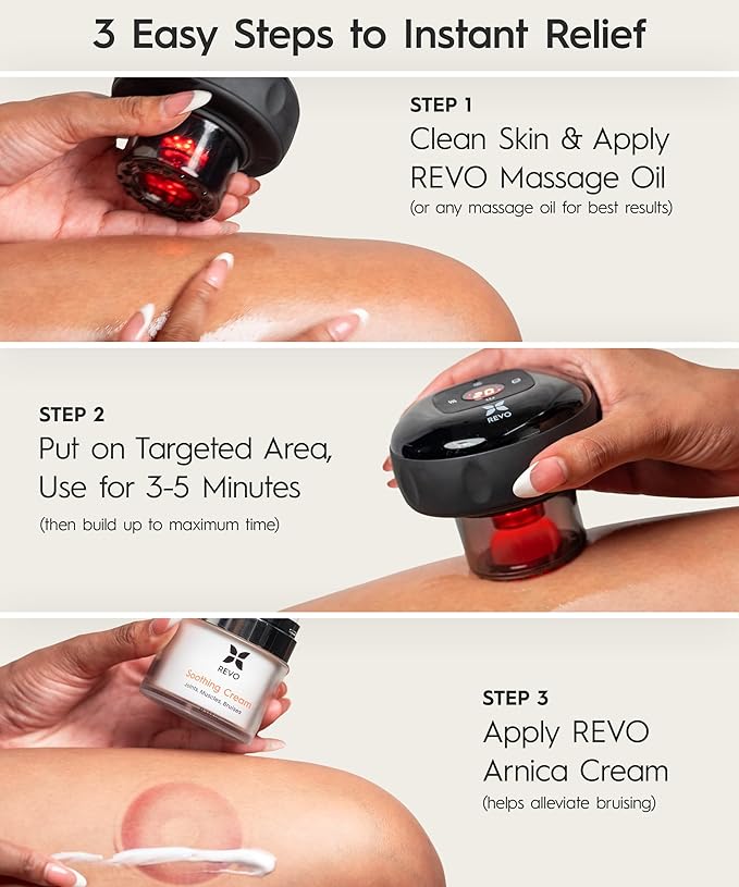 REVO The Original 4-in-1 Smart Cupping Therapy Massager, Red Light Therapy for Targeted Pain Relief, Knots, Aches, Muscle Soreness, Circulation & Tighter Skin, Portable Cupping Kit (Four Pack)