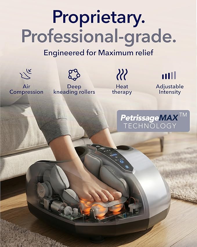 MIKO Foot Massager Machine - Deep Kneading, Shiatsu, Air Compression, and Heat Therapy - Plantar Fasciitis, Diabetics, Neuropathy, Fits Up to Men Size 12