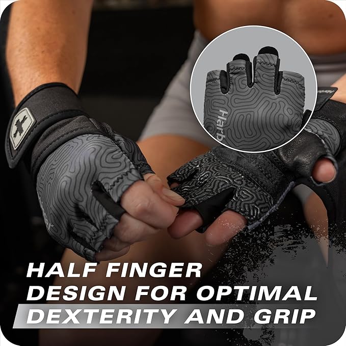Harbinger Pro Wristwrap Gloves 3.0 - Enhanced Grip, Superior Wrist Support, Breathable 4-Way Stretch Lycra, Durable Leather Palm, Half-Finger Design for Weightlifting, Fitness Training, Women's