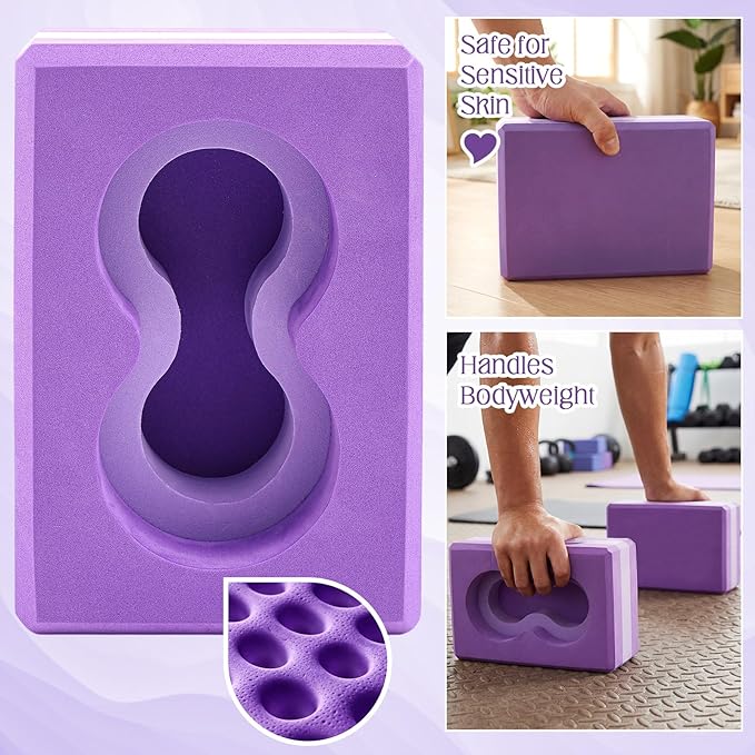 2 Pack Yoga Blocks Wrist Support Yoga Blocks with Knee Pads and Strap to Put Less Weight on Wrist Improve Comfort and Grip, EVA Foam Pilates Exercise Balance Stretching Accessories