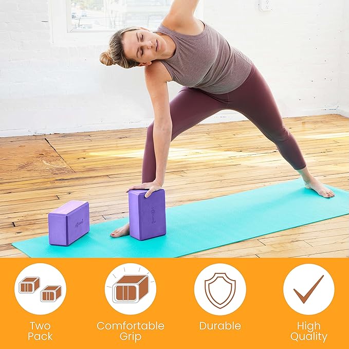 Sol Living Yoga Blocks 2 Pack High Density EVA Foam Yoga Cushion Stretching Pilates Meditation Exercise Equipment Support Deepen Poses Odor Free Non Slip Yoga Accessories - 4" x 6" x 9"- Purple