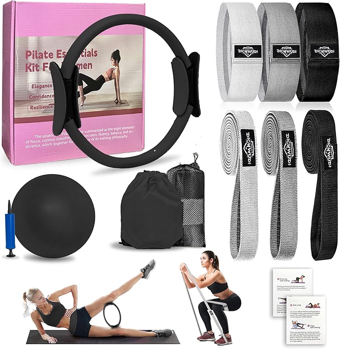 Pilates Essentials Kit for Home Women, Pilates Equipment for Workouts, 6 Fabric Resistance Bands, 12 Inch Magic Circle Yoga Ring, Mini Exercise Ball, Great Exercise Accessories