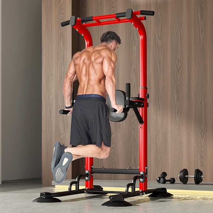 DlandHome Pull Up Bar Power Tower Dip Station, Height Adjustable Heavy Duty Workout Dip Stand, Multi-Functional Strength Training Machine for Men Women Home Gym
