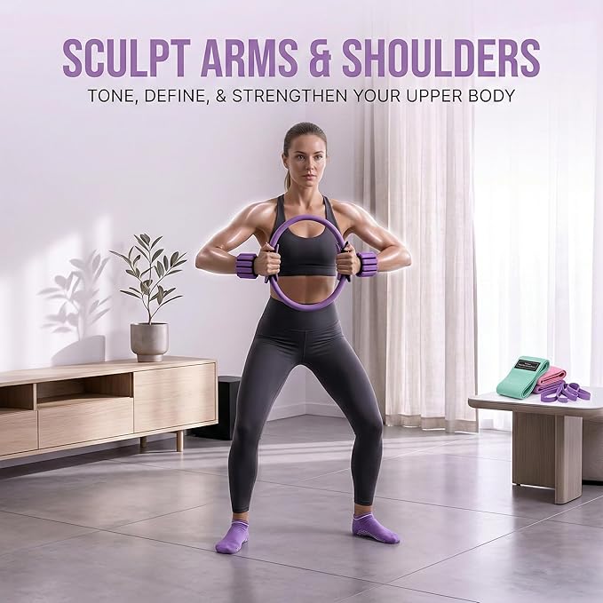 Pilates Kit for Women, Pilates Equipment Set for Home Workout with 14.5" Pilates Ring and Ball, Resistance Bands, Adjustable Ankle Wrist Weights, Core Sliders, Grip Socks & Carry Bag