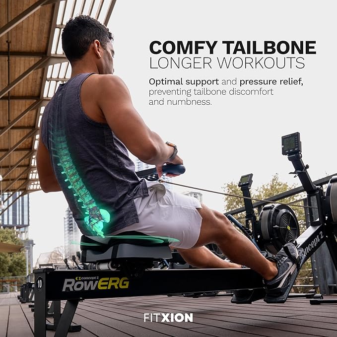 Rowing Machine Seat Cushion – Ergonomic Tail Bone Comfort Memory Foam Pad for Concept 2, Water Rower, Peloton or Recumbent Bike. Anti-Slip Base, Buckled Straps for Indoor Rowing Workouts