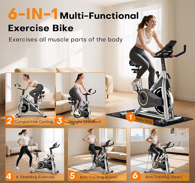 Exercise Bike, Magnetic Resistance Stationary Bikes for Home with App Compatible, Silent Indoor Cycling Bike with 350lbs Weight Capacity Comfortable Seat, Digital Monitor & Phone Mount