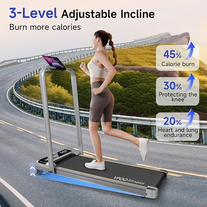 Foldable Treadmill with Incline, Walking Pad with Handle Bar 3 Level Incline, Portable Folding Treadmills for Home/Office 300 Lbs Capacity, Quiet Desk Treadmill with Remote Control & APP