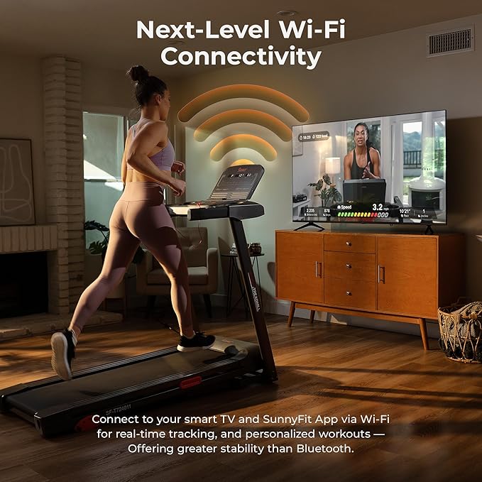 Sunny Health & Fitness Wi-Fi Smart Treadmill Walking Pad with Shock Absorption Cushioning, Home Fitness Cardio Equipment with SunnyFit App Access - Compact Foldable, Auto Incline, Under Desk Optional