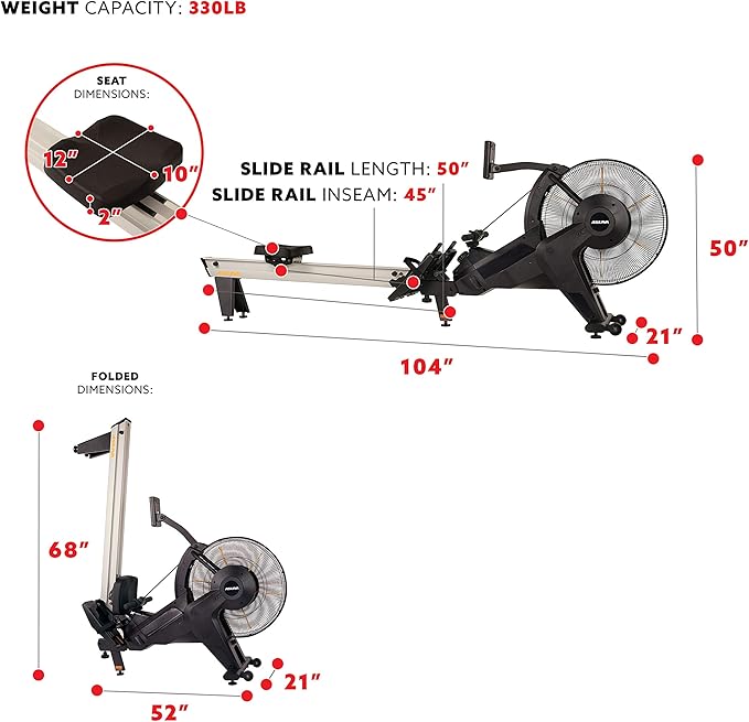 Sunny Health & Fitness AeroForce Fan Rower, Commercial Grade Rowing Machine with Performance Monitor, Long Foldable Rail for Home Cardio Training, Optional Dual Resistance