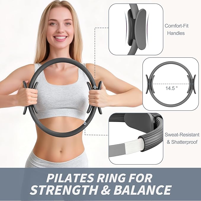 Pilates Kit, Home Pilates Workout Kit for Women, Pilates Equipment with 14.5" Pilates Ring and Ball, Resistance Bands, Ankle Weights, Sliders & Grip Socks Accessories for Starter Home Workouts