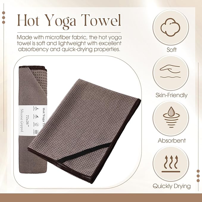 3 Pack Non Slip Hot Yoga Mat Towel with Grip Dot and Secure Fit Elastic Straps 72" x 26" Microfiber Yoga Towel Absorbent Sweat for Pilates Fitness (Beige Dark Gray Coffee)