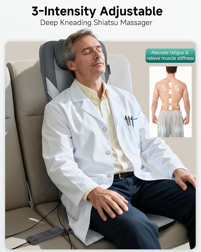 Snailax Gifts for Men Women Chair Back Massager for Full Back Pain Relief Deep Tissue, Vibration Heated Seat Cushion Long Track Dual 3D Shiatsu Rollers, 3 Height Settings Foldable Massage Chair Pad