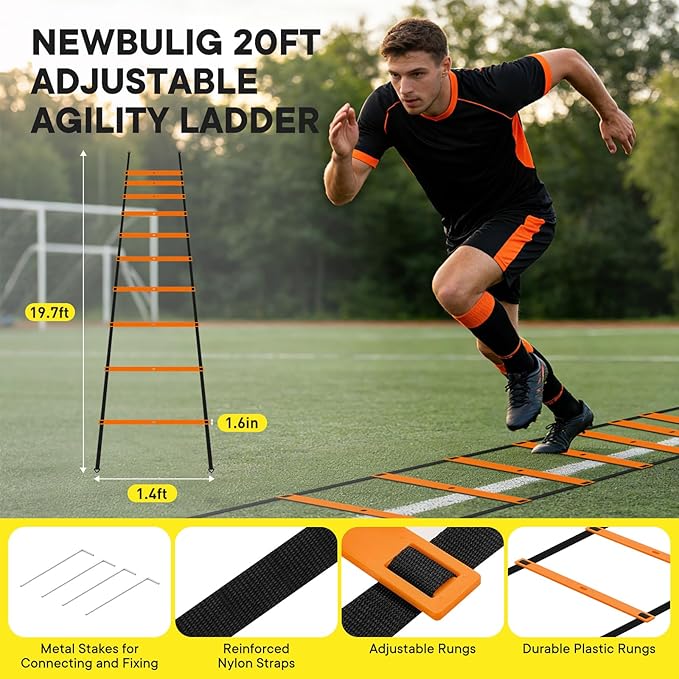 NEWBULIG Agility Ladder Speed Training Equipment, Football Practice Set with 20ft Ladder, 12 Cones, 4 Adjustable Hurdles, Jump Rope, Resistance Parachute for Soccer, Basketball, Youth, Adults