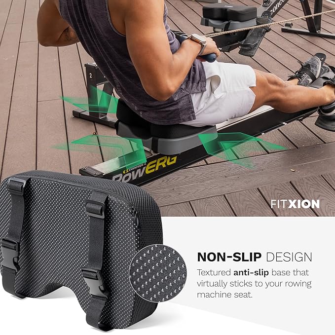 Rowing Machine Seat Cushion – Ergonomic Tail Bone Comfort Memory Foam Pad for Concept 2, Water Rower, Peloton or Recumbent Bike. Anti-Slip Base, Buckled Straps for Indoor Rowing Workouts