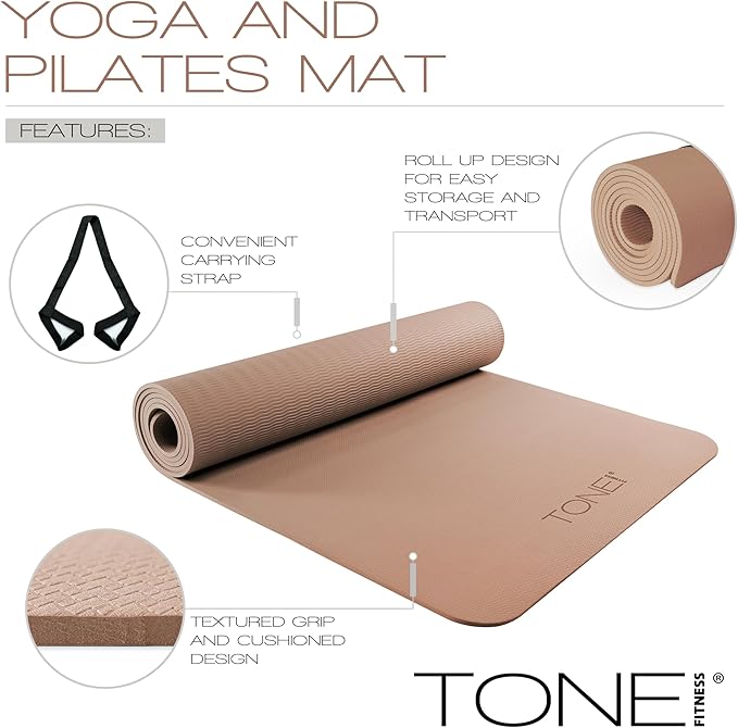 TONE Fitness Yoga Mat 1/4" Thick Non Slip Exercise & Pilates Mat for Home Workouts with Carrying Strap | Multiple Options