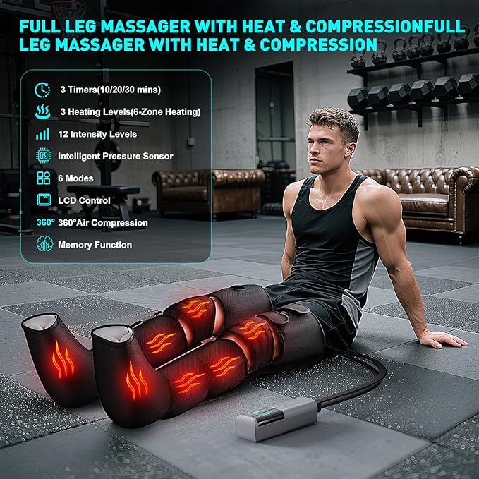 Leg Massager with Heat and Compression, Foot Massager for Circulation and Pain Relief, 3 Timers, 12 Intensity, 6 Modes,3 Heating with Knee Massager,Mother's Day Gifts for Man Woman,Black