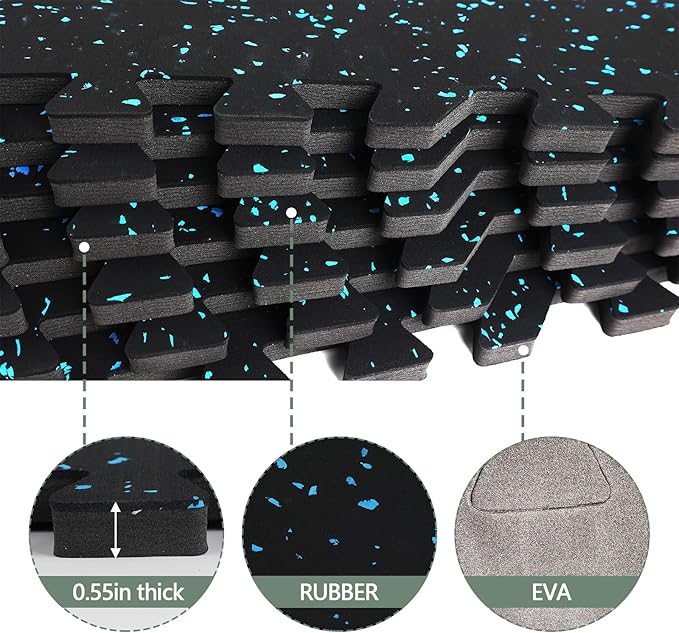 Interlocking Rubber Gym Mats 24 Sq Ft Heavy Duty Exercise Flooring for Home Gym, Weightlifting, Yoga, Playroom - Dual-Layer Non-Slip Noise Reducing Floor Protection Tiles