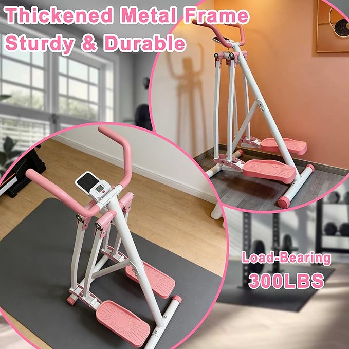 Elliptical Machine Glider - Foldable Cardio Cross Trainer for Home, Exercise Machine with LCD Display, Low-Impact Full-Body Workout Equipment for Small Spaces, Leg and Arm Exercise Machine, Pink