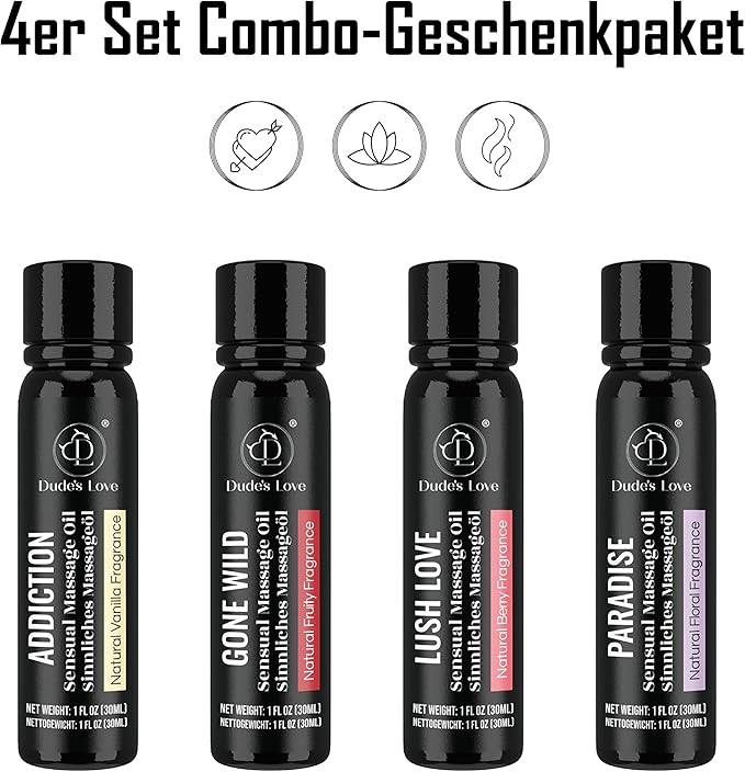 Dude's Love -Organic Safe to Lick Body Massage Oils for Couples – Sensual Massage Oil Gift Set | Romantic Date Night – Non Greasy No-Stain Quick Absorbing Smooth Glide Formula Trial Pack of 4-120 ML