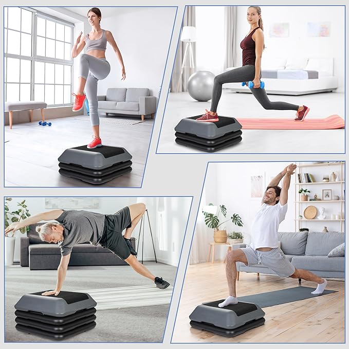 16"x16" Height Adjustable Step Aerobic Platform with 4 Risers, Exercise Workout Stepper for Home Training, Gym Fitness, 4''- 6'' - 8''-10''-12''
