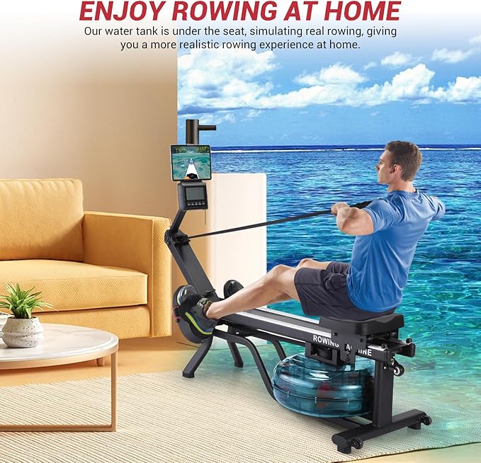 Garveelife Water Rowing Machines for Home, 380 LBS Capacity Rower Machine with Digital Monitor, Wide Ergonomic Seating and Tablet Holder, App Compatible