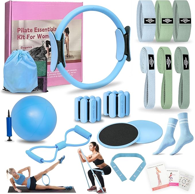 Pilates Essentials Kit for Home Women, Pilates Equipment for Workouts, 6 Fabric Resistance Bands, 12 Inch Magic Circle Yoga Ring, Mini Exercise Ball, Great Exercise Accessories