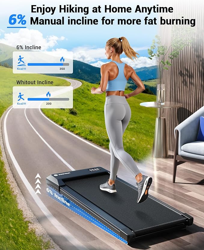 DeerRun Under Desk Walking Pad Treadmill for Home Office & Small Spaces, 6% Manual Incline, 0.6–3.8 MPH Walking Speed, 2.5 HP, 300 lb Capacity, App & Remote Control