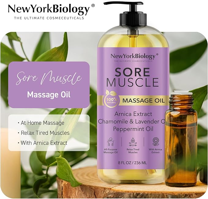 New York Biology Sore Muscle Massage Oil 8 Fl Oz – Made with 100% Natural Oils – Soothing Body Massage Oil - Absorbs Easily