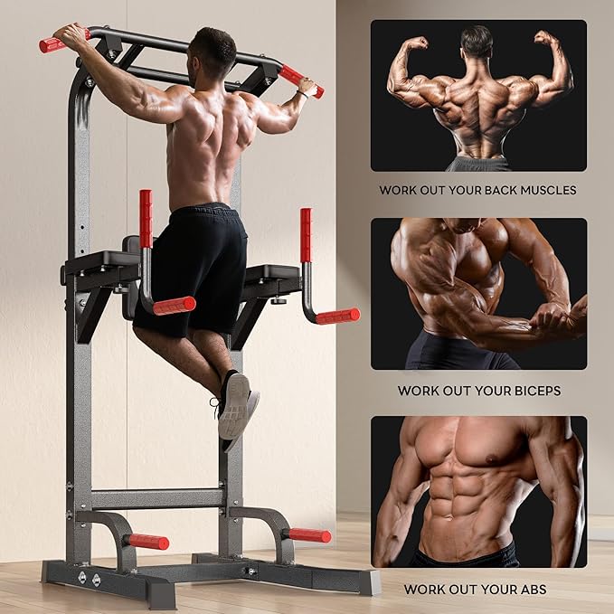Pull Up Bar Station, 10-Level Height Adjustable Wall Mounted Home Gym, 330 lbs Capacity with Dip Bars & Push Up Handles, for Chin Up, Dips, Leg Raise (Black/Red/Yellow)