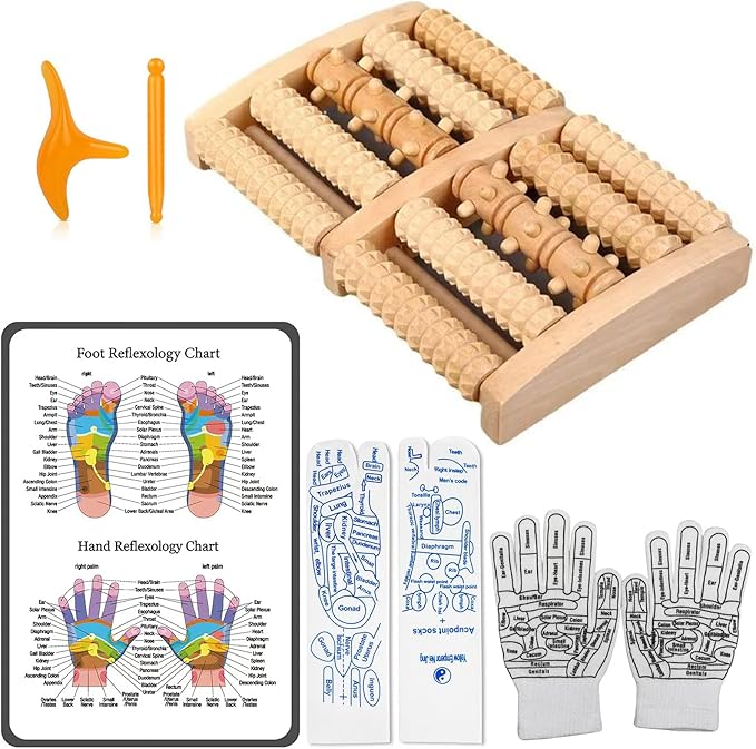 Wooden Foot Massager Roller with Reflexology Socks and Gloves Tools Set for Circulation, Pain Relief in Wide Feet, Health Promotion, Gift for Mom, Dad, or Elderly
