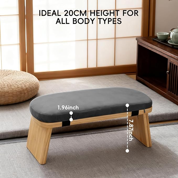 Natural Beech Wood Yoga Bench, Ergonomic Design for Kneeling, Meditation, Pilates, FSC Certified (Gray)