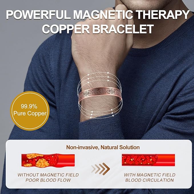 Copper Bracelet for Men 99.9% Pure Copper Magnetic Bangle with 6pcs 3500 Gauss Magnets, Copper Magnetic Bracelet for Men Copper Bracelets Jewelry Gift Gifts for Men Dad