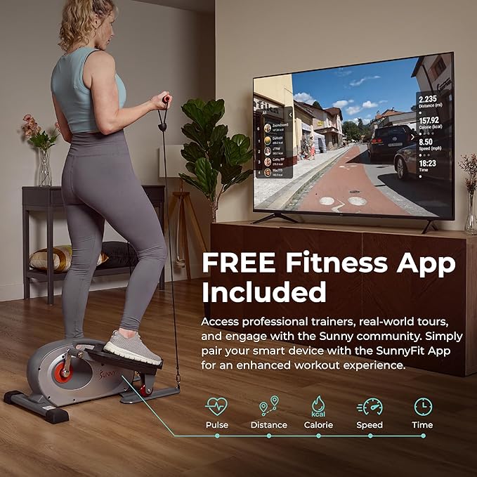 Sunny Health & Fitness Under Desk Elliptical Machine, Portable Sitting or Stand Peddler Exerciser for Seniors Home Office, SunnyFit App Access via Bluetooth with Optional Handlebar or Resistance Band